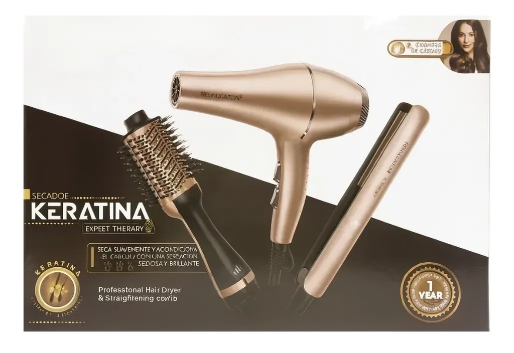 COMBO SECADOR CEPILLO PLANCHA KERATINA REMLINGTON RE-2623