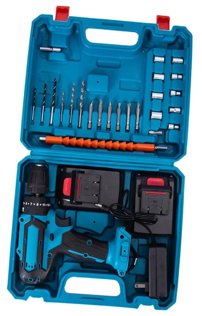 KIT DE TALADRO Y HERRAMIENTAS 2 BATERIAS 28 PIEZAS AZUL