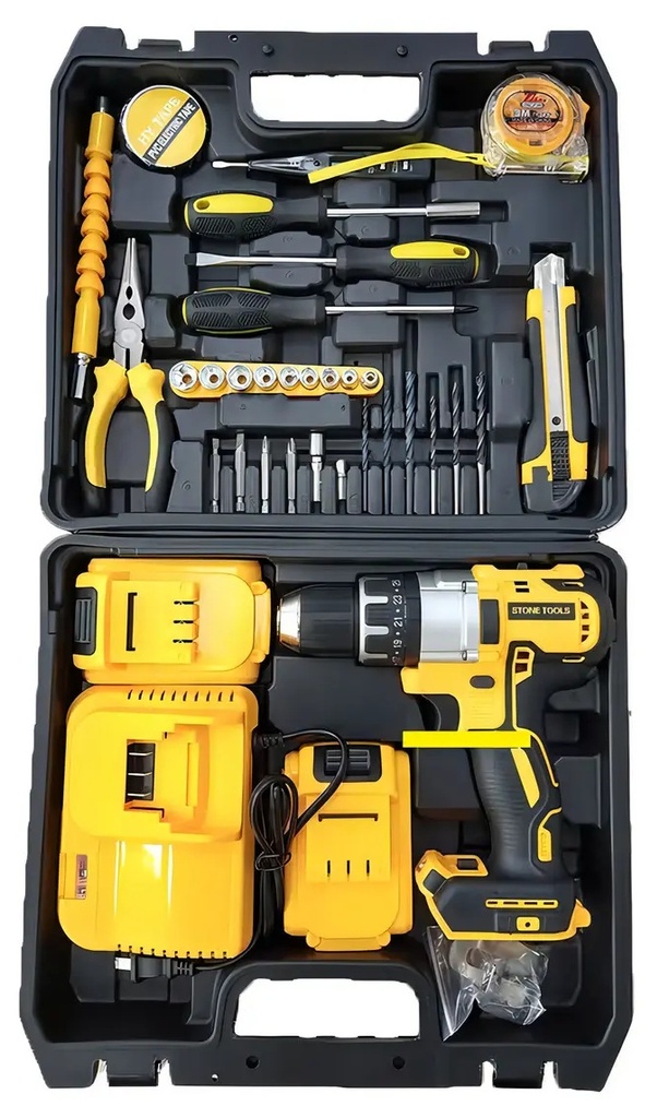 KIT DE TALADRO Y HERRAMIENTAS 2 BATERIAS 34 PIEZAS AMARILLO
