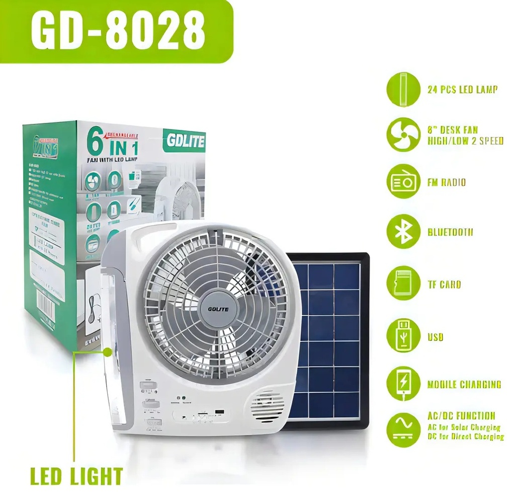 VENTILADOR CON PANEL SOLAR 6W POWER BANK 5800MAH BOMBILLOS GDTIMES GD-8028