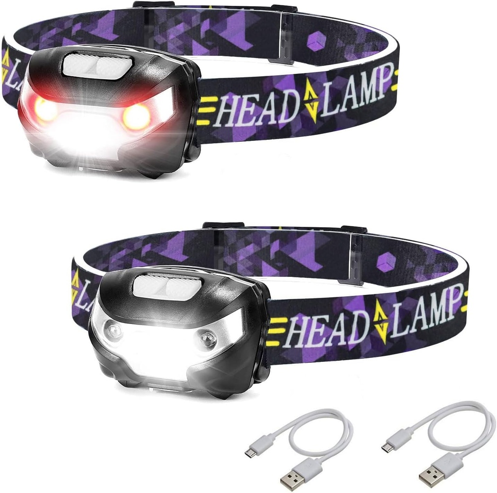LINTERNA LED FRONTAL 2 UNIDADES, LINTERNA DE CABEZA RECARGABLE, IMPERMEABLE, 2000 LUMENES  601