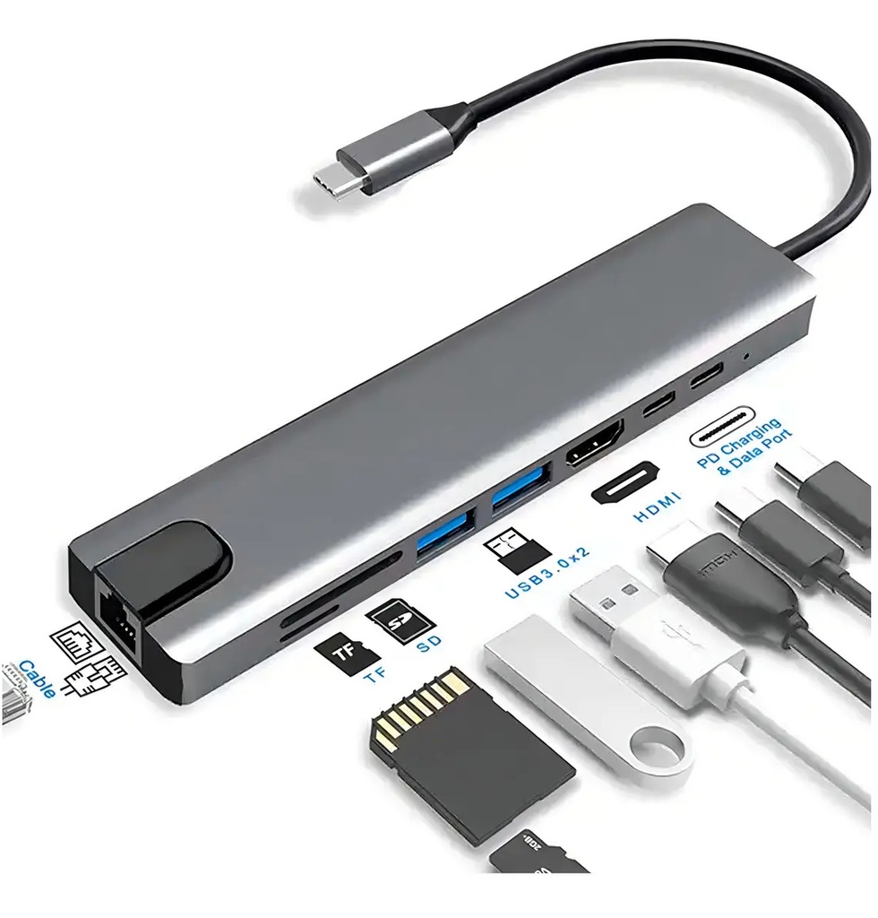 ADAPTADOR HUB 8 EN 1 TIPO C, ETHERNET, HDMI, USB, SD, TD  TP8+1